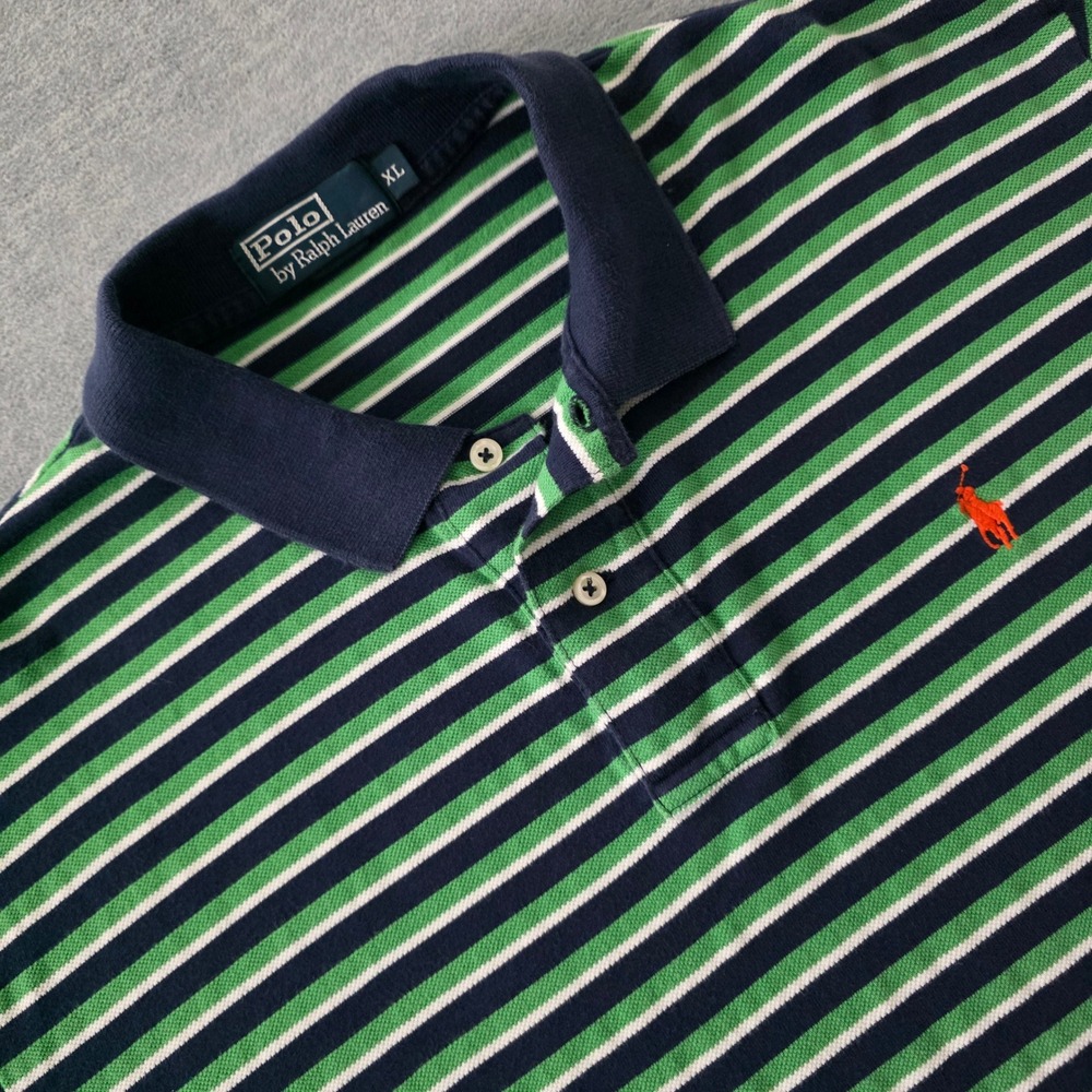 Polo Ralph Lauren Mens XL Striped Polo Shirt Navy Blue Green White Short Sleeve
